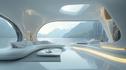 Fototapeta premium Futuristic Lakeside Living Room: Panoramic Mountain Views