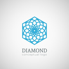 Diamond logo top view. Vector linear hexagonal emblem