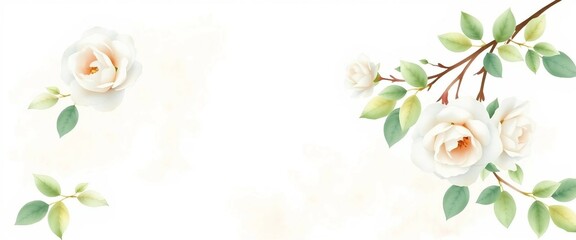 Fototapeta premium Rahmen aus weißen Rosenblüten und grünen Blättern auf weißem Hintergrund. Ideal für elegante Designs und Hochzeitskarten.