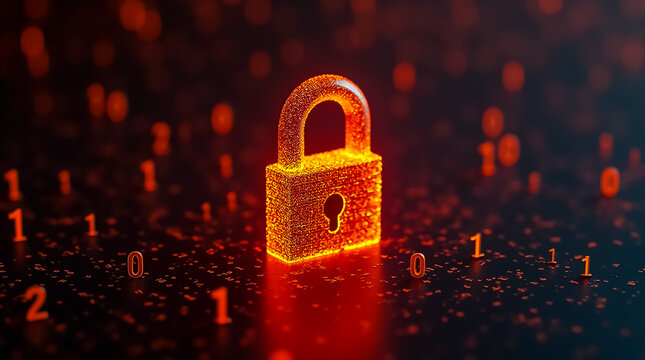 A red glowing digital lock stands prominently among floating binary numbers on a dark background. This visual symbolizes the importance of online security and data protection.