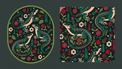 Vintage Boho Ethnic Lizard Motif Card and Seamless Pattern Set Ornamental Batik Swamp Flower Bohemian Baroque Folk Art