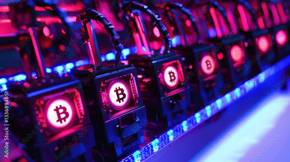 Poster a series of blockchain nodes glowing in a cybernetic network.