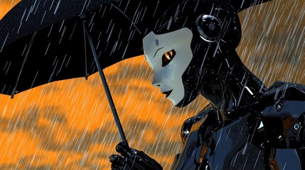 A female robot stands in the rain under a black umbrella, orange sky background.