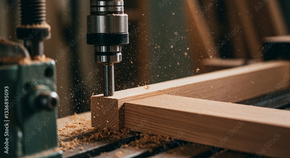 Poster precise woodworking a close-up view of a woodworking machine in action, creating intricate details w