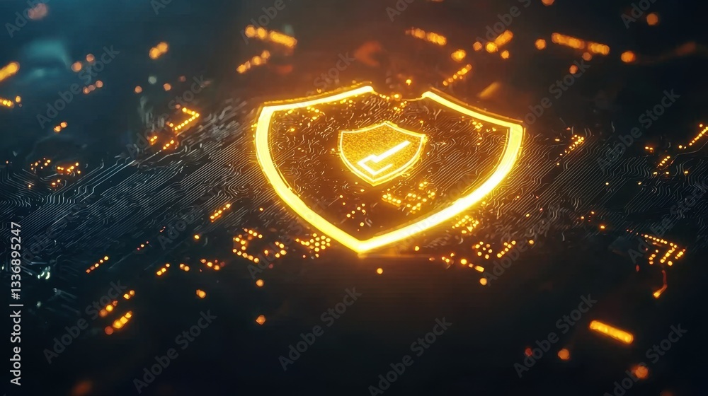 Poster a shield icon glowing on a dark screen with complex security algorithms.