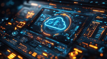 Obraz premium Cloud computing symbol on futuristic server dashboard