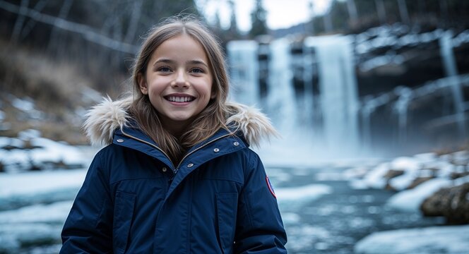Happy girl in navy parka on frozen waterfall background