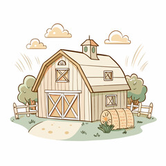 A charming animated illustration of a rustic barn with hay bales and trees, capturing the essence of rural life, farming activities, and the peaceful countryside environment.