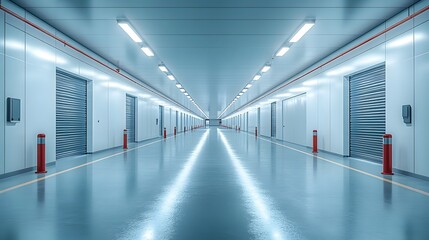 Fototapeta premium Storage facility with a symmetrical layout and bright lighting 3D rendering
