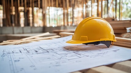 Construction blueprints with hard hat; indoor house plan