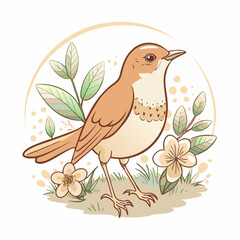 A beautiful illustrated bird surrounded by delicate flowers and soft green leaves, showcasing nature's beauty and tranquility, ideal for spring-themed designs and artwork.