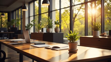 Peaceful morning sunlight streams through large windows illuminating a clean, modern workspace with plants and open notebooks, ready for a productive day.