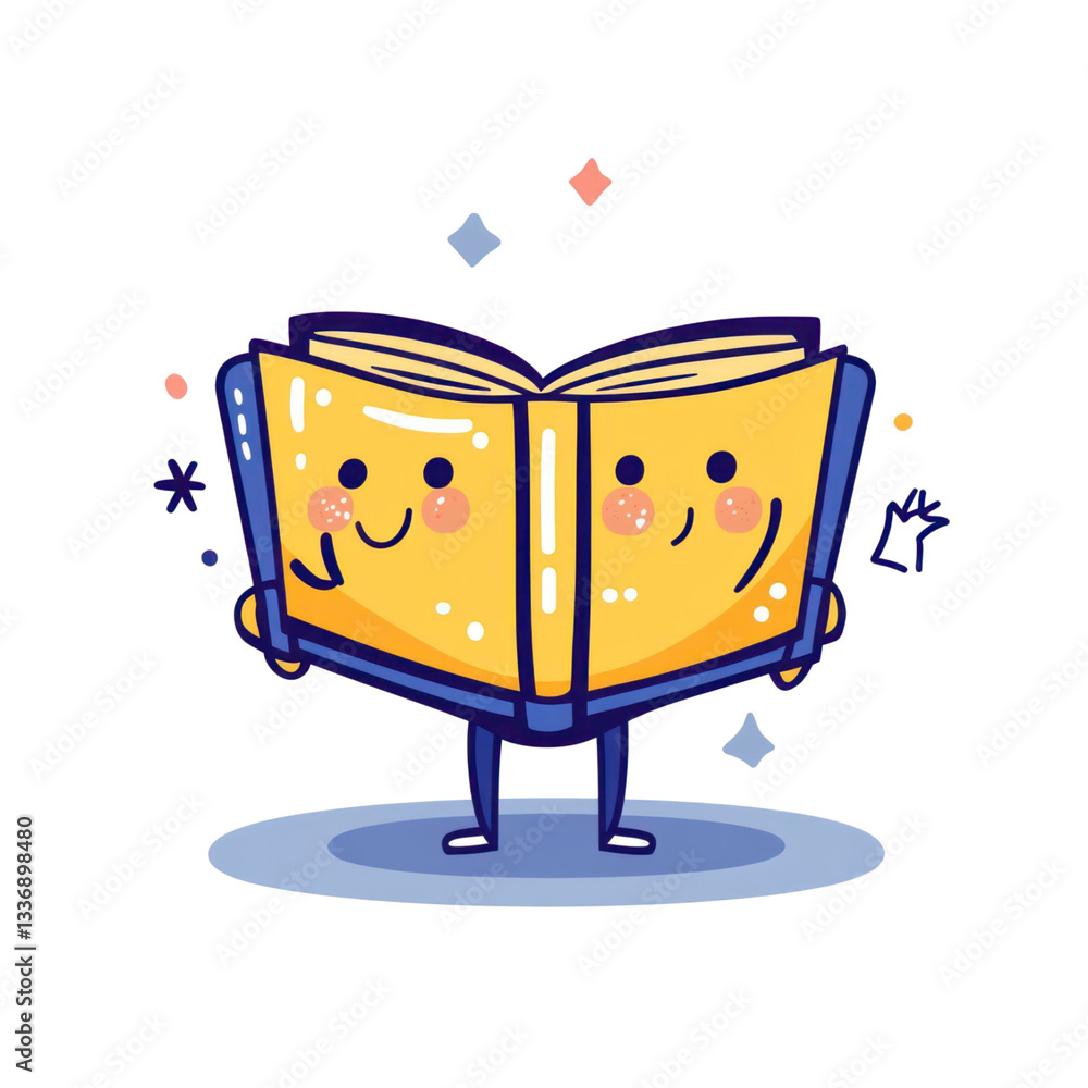Poster an open illustrated book with smiling faces and sparkles on a transparent background