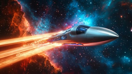Futuristic spaceship traveling at high speed through vibrant nebula.