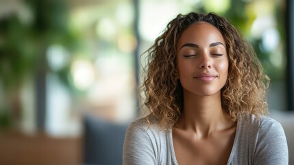 A woman with curly hair sits peacefully, eyes closed, in a tranquil indoor space filled with plants, embracing a moment of mindfulness and relaxation