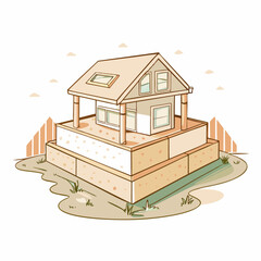 Stylized illustration of a modern house on a raised platform, depicting the concept of home design, architecture inspiration, and building creativity, ideal for real estate and construction projects.