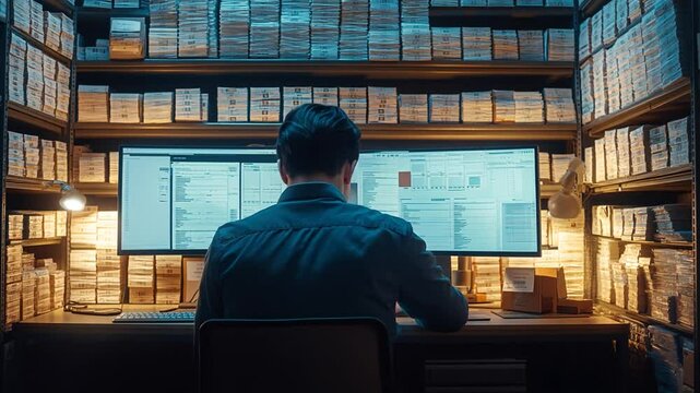 Archival Data Processing: Man Working on Computer Surrounded by Stored Documents