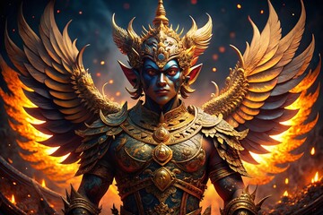 Majestic Garuda: Opulent Golden Armor in Low Light