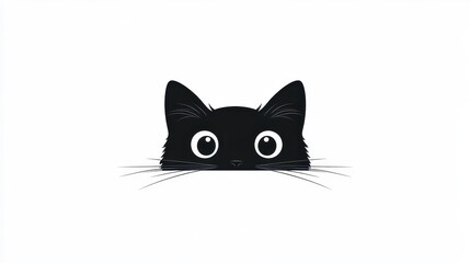 A playful black cat with big eyes is curiously peeking over a flat surface. The cat's whiskers are prominent, adding to its charming expression