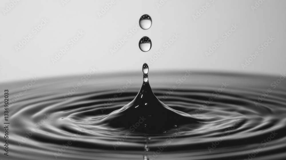 Poster Delicate water droplets form a mesmerizing cascade against a smooth gray backdrop, creating ripples of serenity and evoking a sense of calmness and harmony in nature