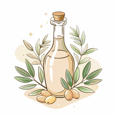 A decorative olive oil bottle surrounded by fresh olive leaves and olives, showcasing a natural, organic theme suitable for culinary, health, and gourmet food uses in a vibrant illustration style.