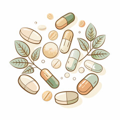 A collection of colorful herbal pills and capsules surrounded by leaves, illustrating natural health and wellness, ideal for medicine packaging, holistic healing concepts, and nutritional supplements.