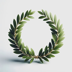 Laurel wreath with bright green leaves arranged in a perfect circle, light grey background.