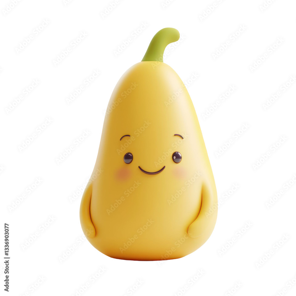 Poster smiling yellow pear character with rosy cheeks on transparent background for use in design. 3d rende