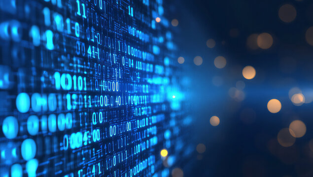 High-tech digital background with a matrix-style blue binary code effect, great for cybersecurity, blockchain, and programming visuals
