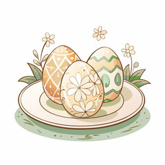 Decorative Easter eggs with intricate patterns on a plate surrounded by green foliage and flowers, representing the joy of spring celebrations and festive decorations during Easter.