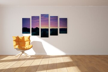 modern room with armchair and pictures on the wall interior design. 3D illustration