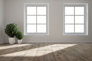 modern room with beautiful plants in white flowerpots interior design. 3D illustration