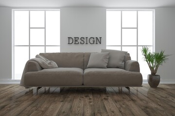 modern room with sofa with pillows and plaid and plant in flowerpot interior design. 3D illustration