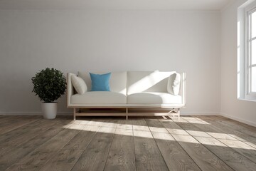 modern room with sofa with pillows and plant inwhite pot interior design. 3D illustration