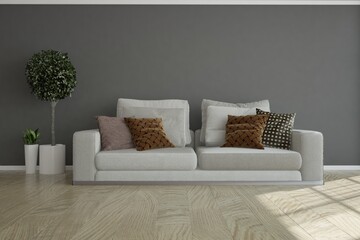 modern room with sofa with pillows, gray wall and plants in white flowerpots interior design. 3D illustration