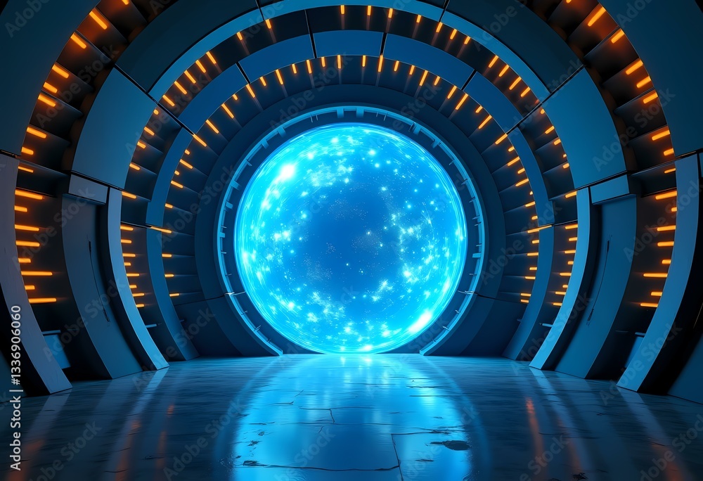 Poster A stunning circular portal radiates bright blue light, surrounded by a modern, futuristic structure. Illuminated pathways hint at journeys into a mystical realm beyond Generative AI