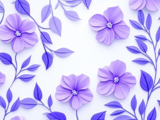 Vibrant purple flowers and leaves arranged artistically on a white background