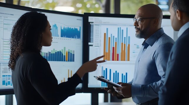 33. Financial analysts collaborating on valuation techniques during a business workshop with charts and data projections - Powered by Adobe