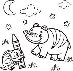 Coloring pages for kids of two animals are playing together. Line art color page vector and illustration design.