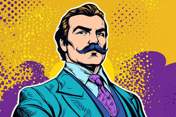 Fototapeta premium A cool retro pop art portrait of a man with a mustache, wearing a turquoise jacket and wide tie, bold yellow and purple shapes in the background, comic-inspired design
