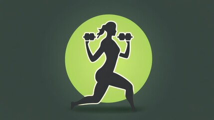 A fit woman performs a lunge with dumbbells in each hand, showcasing strength and determination. The striking silhouette stands out against a vibrant green backdrop