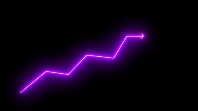 neon purple color business growth rising arrow animation in black background. neon business graph concept. 4k