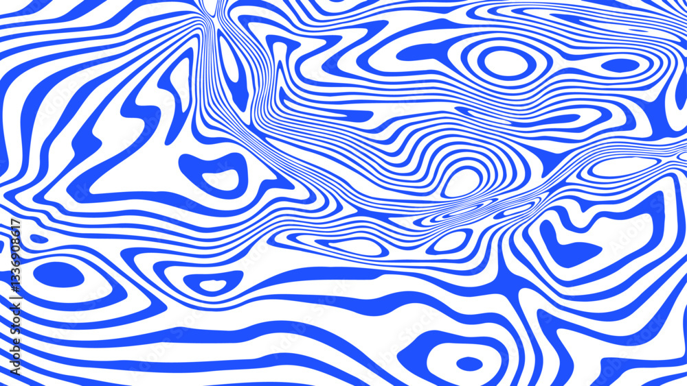 Poster Abstract vector background psychedelic wave line pattern. Blue wavy liquid ripple texture in retro groovy design style.
