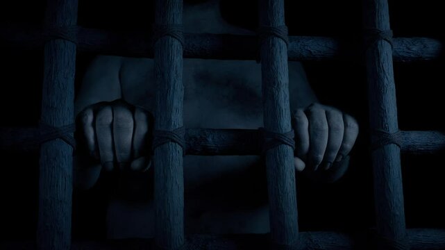 Hands Hold Bars Of Prison Cell Medieval Scene
