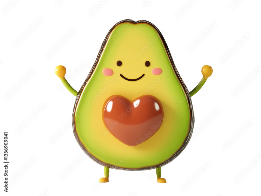 Poster animated avocado character with heart shape in its core raising hands over transparent black backgro