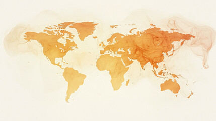 warm yellow palette watercolor ink world map on white background, smokey fog watercolor atmosphere, global globe one world 2d illustration geography planet earth geographic illustration