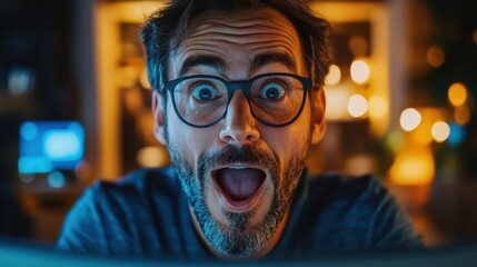 A man, looking thrilled, stares at his computer screen in a dimly lit room. His wide eyes and open mouth express sheer amazement at what he sees online, surrounded by glowing lights