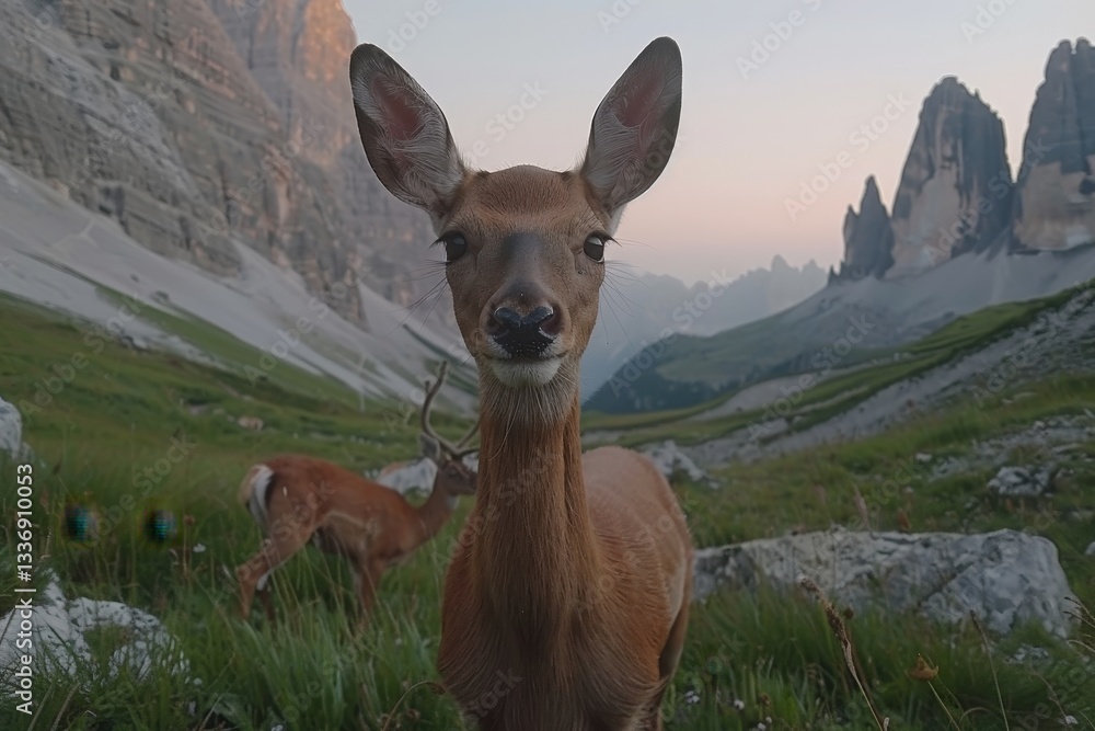 Poster a deer is standing in a field with a mountain in the background