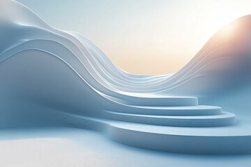 Abstract architectural rendering showcasing curved forms and layered steps in blue tones