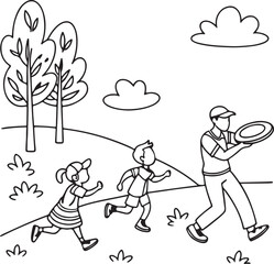 Kids playing with father line art coloring pages. Art page or book outline vector design.